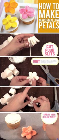 how to make marshmallow petals out of four different colors and sizes for cupcakes