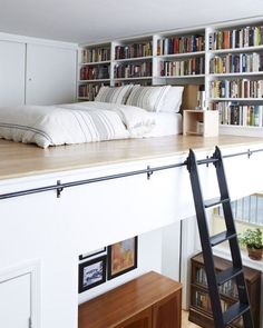 there is a ladder going up to the bed in this room with bookshelves