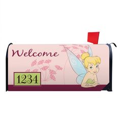 a pink mailbox with a cartoon tinkerbell on it's front and the words welcome