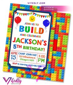 a lego birthday party is shown with the name and age on it's card