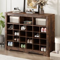 Sleek Design 24 Shoe Cubby Console, Modern Shoe Cabinet with Curved Base, Versatile Sideboard with High-quality for Hallway, Bedroom, Living Room, Rustic Brown Shoe Cubby Storage, Modern Shoe Cabinet, Console Modern, Shoe Cubby, Wood Shoes, Hallway Bedroom, Modern Console, Modern Shoes, Brown Living Room