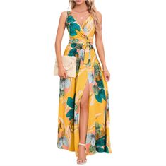 High Split Floral Maxi Dress. Deep V Neck Front. Polyester. Special Order Delivery 7-21 Days Styles: Free People Bohemian V-Neck Summer Vacation Party Dance Yellow Floral Print V-neck Maxi Dress, Fitted Tropical V-neck Maxi Dress, Yellow Printed V-neck Maxi Dress, Yellow Tropical V-neck Maxi Dress, Tropical Printed V-neck Dress, Tropical Yellow V-neck Maxi Dress, Tropical V-neck Printed Dress, Tropical V-neck Maxi Dress For Spring, Tropical V-neck Maxi Dress For Party