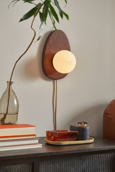 a lamp that is on top of a table next to some books and a potted plant