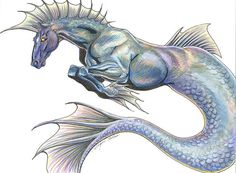 a drawing of a blue sea horse with its tail curled up and it's head in the air