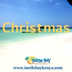 the words christmas are in front of an image of a beach and blue sky with white sand