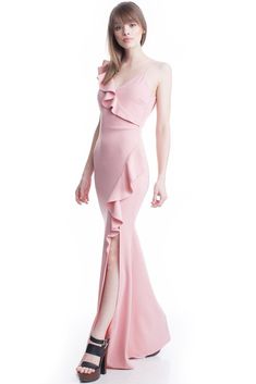 Rose Color V-Neck One Shoulder Ruffle Maxi Dress Ruffle Maxi Dress, Ruffled Maxi Dress, Rose Color, Mermaid Formal Dress, One Shoulder, Size 2, Maxi Dress, Formal Dresses, V Neck