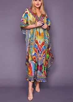 Fine Print Tie Chiffon Loose Kimono Robe Maxi Dress Loose Kimono, Loose Summer Dress, Moroccan Kaftan, Summer Beach Dress, Coverup Beach, Bohemian Print, Maxi Robes, Dress Robes, Beach Wears