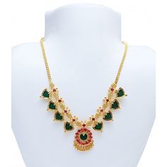 Traditional Palakka Necklace is Simple and ethnic South Indian, Kerala Jewellery. This Jewelry has been arranged beautifully with Palakka and stones. Small round Pendant has golden bead hangings. Length can be adjusted with the backlink chain. It is best suited on festive occasions, Marriages and as Bridal wear and dancewear. Traditional Jeweled Gold-plated Necklaces, Kerala Traditional Necklace, Kerala Palakka Necklace, Ceremonial Gold-plated Temple Necklace, Ceremonial Meenakari Temple Necklace, Diamond Jhumkas, Claw Necklace