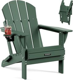 a green adiron chair with a drink holder on the armrest and side table