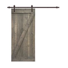 an open wooden door with metal bars on the top and bottom, against a white background