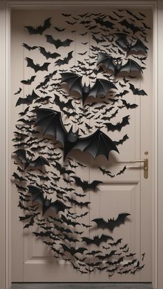 a door decorated with bats and hanging from the side