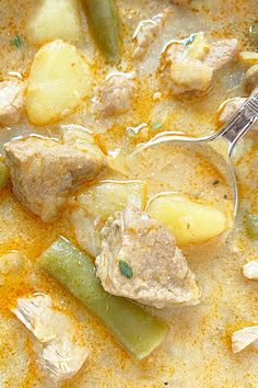 a close up of a bowl of soup with meat and vegetables