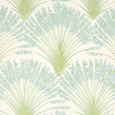 a green and white wallpaper with palm leaves