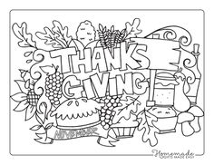 thanksgiving coloring pages with the words thanks and an image of turkeys, grapes, apples