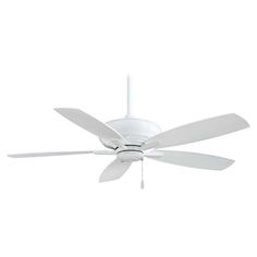 a white ceiling fan with three blades on the top and one light on the bottom