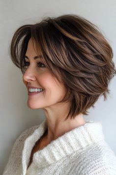 21. Stacked Bob with Rich Chocolate Brown Layers (Layered Hairstyles For Women Over 50) - Layered Hairstyles For Women Over 50 Fine Thinning Hair Styles For Women Over 50, Hairstyles For Picture Day, Above Shoulder Hair, Caramel Hair Color Ideas, Stacked Hairstyles, Caramel Hair Color, Fine Hair Bangs, Layered Thick Hair, Short Layered Bob Haircuts