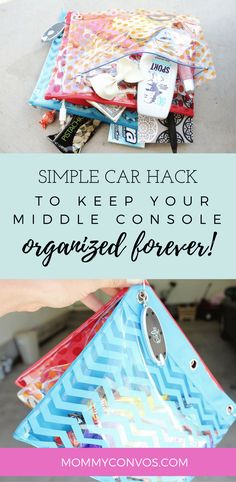 a pile of folded fabric with the words simple car hack to keep your mid - life console organized forever