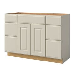 a white kitchen cabinet with two doors and drawers