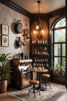 an old fashioned kitchen with pots and pans on the wall