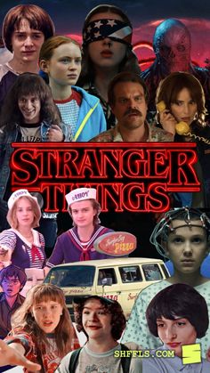 a collage of the characters from the tv series, strange things and their names