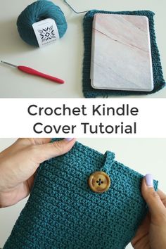 the crochet kindle cover is being worked on with yarn and buttons to make it