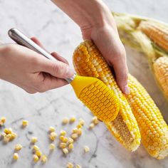 someone cutting corn on the cob with a knife