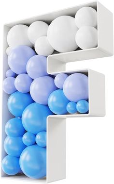 the letter e is made up of balloons in blue and white colors, as well as an uppercase