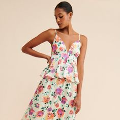 Floral Ruffle Maxi Dress | Nuuly Rent Feminine Spring Peplum Mini Dress, Spring Feminine Peplum Mini Dress, Flirty Peplum Summer Dress, Flirty Peplum Dress For Summer, Spring Peplum Midi Dress With Ruffles, Spring Floral Print Peplum Dress, Spring Peplum Mini Dress For Brunch, Spring Peplum Dress For Date Night, Summer Peplum Dress For Date Night