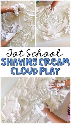 this is a collage of photos showing how to make shaving cream cloud play