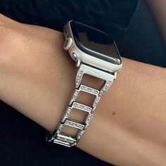 High Quality Shiny Silver Metal Links Band With Glass Crystals For Apple Iwatch All Series 38mm 40mm 41mm 42mm 44mm 45mm Comfortable Luxury Wristband With Secure Clasp Adjustable Size Bracelet Fits 5.5 To 8 Inches Wrist Super Light Fashion Accessory Weighs 1.2 Oz, 18mm Wide Designed And Handmade By Simeon D Jewelry Studio Please Measure Your Wrist As Pictured Before Ordering Elegant Stylish Gift For Any Holiday Or Occasion Not For Other Models. Apple Smartwatch Is Not Included Follow My Studio O Trendy Silver Rectangular Watch Bands, Silver Bracelet Strap Apple Watch Band For Formal, Silver Bracelet Strap Apple Watch Band For Formal Occasions, Formal Silver Bracelet Strap Apple Watch Band, Trendy Silver Watch For Formal Occasions, Classic Silver Stainless Steel Apple Watch Band, Modern Silver Apple Watch Band For Formal Occasions, Silver Apple Watch Band With Bracelet Strap, Modern Metal Jewelry And Watches For Gifts