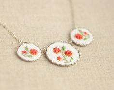 Embroidered floral necklace - Roses necklace - garden party jewelry - n017 Summer Embroidered Jewelry For Gift, Floral Embroidered Flower Jewelry For Weddings, Rose-colored Flower Necklace As A Gift, Bohemian Embroidered Necklace For Gift, Embroidered Necklaces, Embroidered Necklace Pendant, Hand Embroidered Jewelry, Adornment Jewelry, Embroidered Jewelry