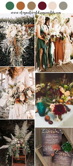 wedding color palettes for fall and winter with greenery, flowers, foliage, and wood