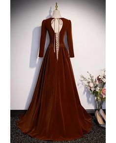 Get 10% off now! Buy modest long sleeved brown velvet evening dress with keyhole back at cheap price online. Free stable shipping and pro custom service since 2009. Winter Prom Dresses, Merlin 2, Velvet Evening Dress, Senior Prom, Dresses Xxl, Brown Velvet, Formal Dresses Prom, Dress Picture, Formal Party