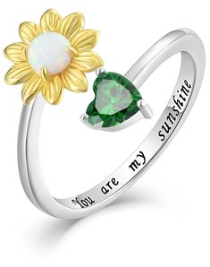 PRICES MAY VARY. Stunning YL Design: YL sunflower open rings is similar to the sun, symbolize warmth strength and positive happiness, keeping special words of love and hope, "You are my sunshine" close to her heart. 5 mm heart-brilliant-cut created green emerald and 4 mm round cut created white opal are skillfully set in yl bypass sunshine ring bands Thoughtful Surprise: YL women's 925 sterling silver ring plated with 18k white gold on ring and 18k gold on sunflower with distinguished electropla Green Heart Ring For May Birthstone, Sunflower Design Rings Suitable For Gifts, Anniversary Rings With Sunflower Design, Sunflower Design Jewelry For Mother's Day Anniversary, Yellow Sterling Silver Birthstone Ring, Sunflower Jewelry For Anniversary And Mother's Day, Sunflower Opal Ring, Green Heart Ring For May Birthstone, Fine Jewelry Style, Heart-shaped Green Emerald Ring For May Birthstone