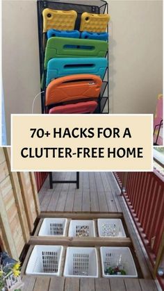 the back porch with lots of plastic chairs and trays on it