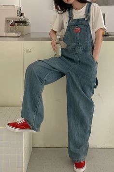 Loose Long Casual Denim Jumpsuit – Nada Outfit Land Casual Fitted Cotton Overalls, Casual Full-length Overalls With Pockets, Casual Dark Wash Overalls, Casual Medium Wash Full-length Overalls, Fitted Casual Overalls, Casual Fitted Overalls For Streetwear, Skate Outfits, Skating Outfits, Casual Denim