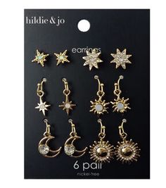 Accessorize with the 6ct Moon & Star Stud Earrings by Hildie & JoAdd a touch of celestial charm to your outfit with this set of six silver earrings featuring moons and stars Whether you prefer studs or dangles, this collection has something for everyone Each earring is carefully crafted with zinc alloy, glass, and iron to ensure durability and longevity Product DetailsDimensions: N/AContent: zinc alloy, glass, ironColor: SilverQuantity: 6 pairs Moon And Sun Earrings, Moons And Stars, Sun Earrings, Star Stud Earrings, Moon And Sun, Star Earrings Stud, Fancy Jewelry, Moon Star, Star Studs