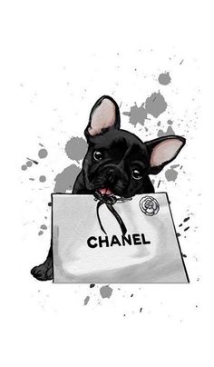 a black dog holding a white bag with the word chanel on it