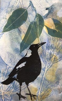 a black bird sitting on top of a leaf covered ground