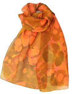 Gold ochre, yellow, orange and pink marbled silk scarf. It can be used as a neck scarf or headband. The fabric is called pongee. It's a very soft, lightweight, 5mm, semi transparent, 100% silk.  Marbling is an centuries old craft originating in Asia. Colours are floated upon a solution, manipulated with various tools and then transferred to fabric, paper or wood. The resulting designs are free-flowing, unusual and can resemble many organic patterns. Of course no two patterns will be exactly the Handmade Silk Scarves For Summer, Yellow Silk Dupatta For Summer, Handmade Silk Scarf For Summer, Yellow Silk Scarves For Spring, Summer Yellow Silk Dupatta, Brown Silk Scarf For Summer, Hand Dyed Scarves For Gifts, Silk Orange Scarves As Gift, Hand Dyed Silk Scarves For Summer