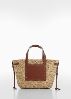 Basket bag with studs detail - Women | MANGO USA Small Woven Basket, Fibre And Fabric, Mango Outlet, Inside Bag, Natural Cream, Woven Basket, Natural Tan, Basket Bag, Beach Accessories