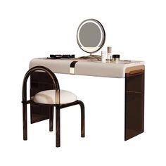 a desk with a mirror, stool and makeup set on it's side in front of a white background