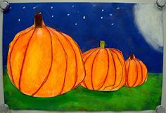 a painting of three pumpkins sitting on top of a green field