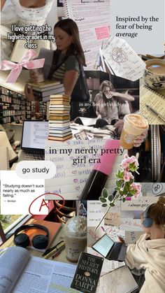 a collage of books, papers and other items on a desk with the words in my nerdy pretty girl era