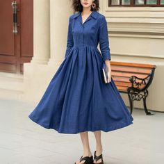 "Swing effortlessly into the vibrant season of spring with this stunning Azure Linen Dress! 💙 Ideal for a leisurely day under the sun. Embrace the elegance of a collared neck and the sophistication of pleats. Perfect for any fashion enthusiast looking to make a statement this spring. DETAIL * 100% linen fabric * Collared neck * Two side pockets * Right side zipper * Length below the knee * Long sleeve dress * Pleated dress * Midi dress * Swing dress * Fit and flare dress * Suitable for spring, Spring Blue Linen Dress For Daywear, Spring Linen Pleated Dress, Spring Pleated Linen Dress, Spring Linen Shirt Dress, Spring Linen Pleated Midi Dress, Spring Pleated Linen Midi Dress, Elegant Blue Linen Workwear Dress, Elegant Blue Linen Dress For Work, Fitted Blue Linen Dress For Spring