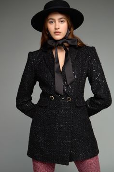 Made with sequin tweed and gold-rimmed buttons, the shoulder pads and double-breasted style of this blazer romper juxtapose the otherwise feminine piece. Fully lined for comfort, this romper also has decorative pocket flaps, princess seams, and a lapel collar. Sequin tweed Double-breasted style Skinny lapels Shoulder pads Decorative front pocket flaps Long sleeves Hidden interior button to help keep lapels closed Front button closure Side zipper Fully lined Hand wash cold Do not bleach Do not tu Blazer Romper, A Night To Remember, Tweed Blazer, Black Romper, Princess Seam, Lapel Collar, Special Event, Shoulder Pads, Front Pocket