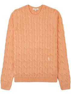 grapefruit orange cotton cable knit embroidered logo to the front crew neck long sleeves ribbed cuffs and hem When buying this unisex item, keep in mind that it is graded in standard men's sizing. Cable Knit Jumper, Oversized Knitted Sweaters, Sporty And Rich, Yellow Sweater, Knit Jumper, Knitwear Women, Logo Embroidered, Grapefruit, Cable Knit