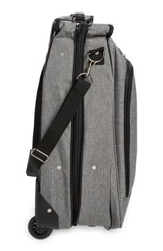 a gray and black bag with wheels on it