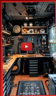 the inside of a garage with lots of clocks on the wall and shelves full of tools