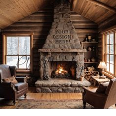 a living room with a stone fireplace and two chairs in front of the fire place